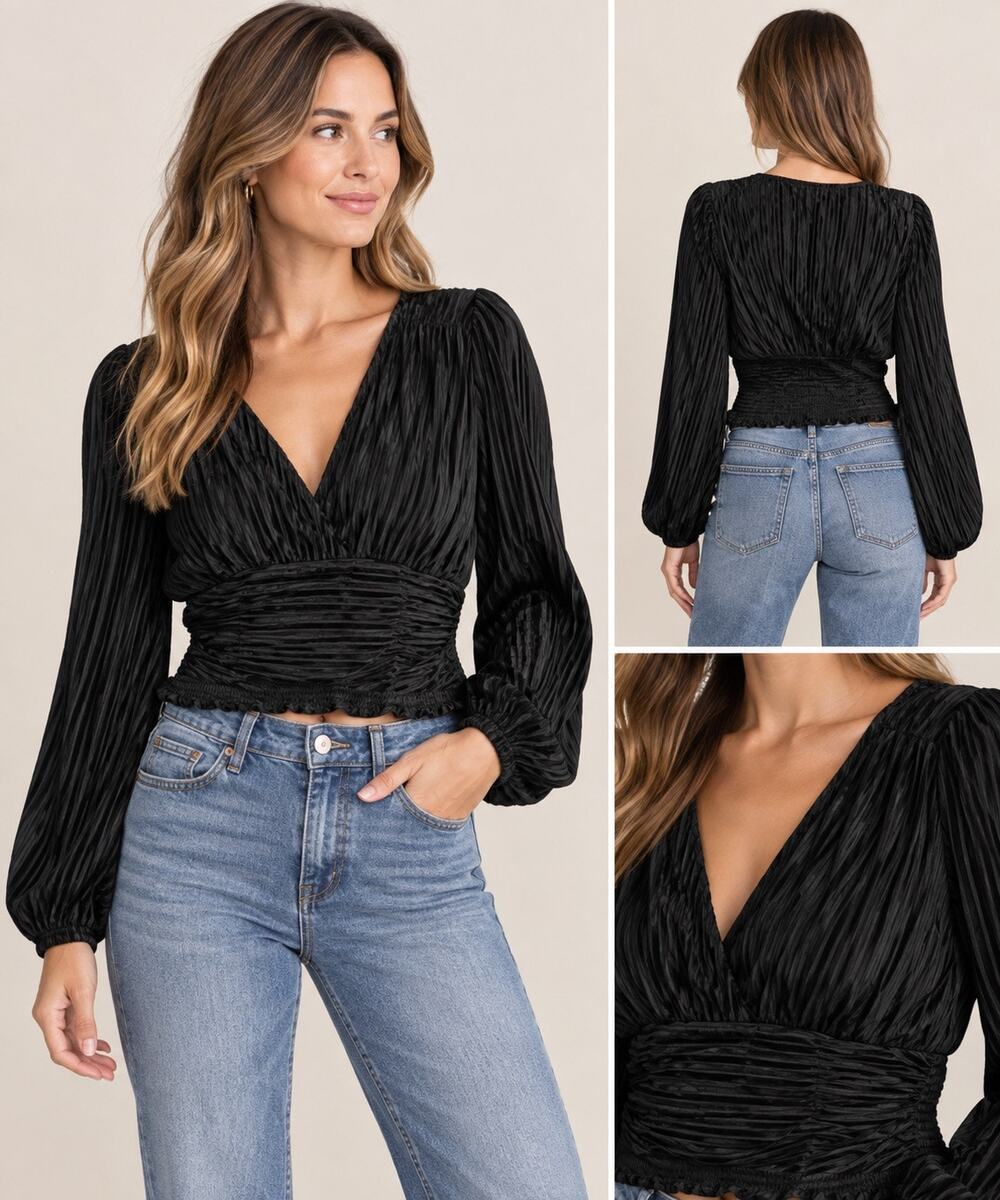 Hyfve Black VNeck Plisse Long Sleeve Blouse SZ Small NWT